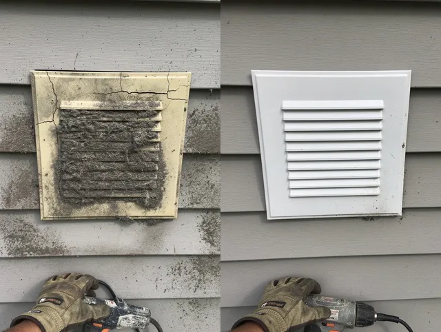 Port St. Lucie Dryer Vent Cleaning technician installing high-quality dryer vent cover at a residential property in Port St. Lucie